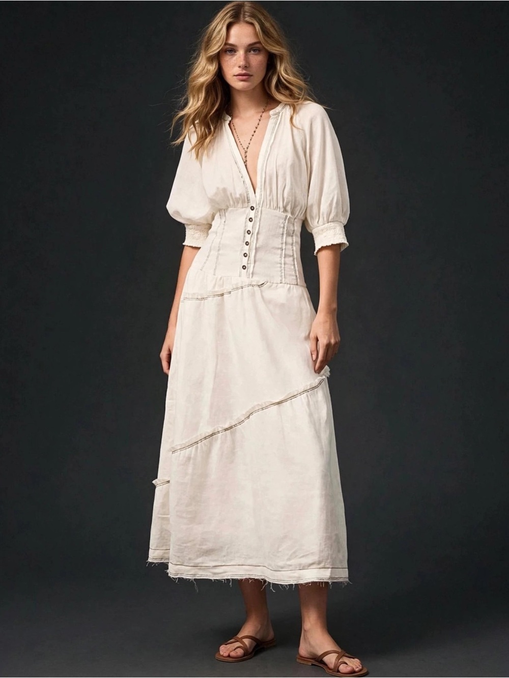 Anthropologie V-Neck Corset Midi Shirt Dress white W/black trim size Medium NWT